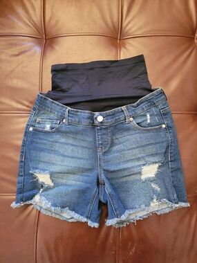 Time and Tru Distressed Blue Maternity Jean Shorts with Black Waistband